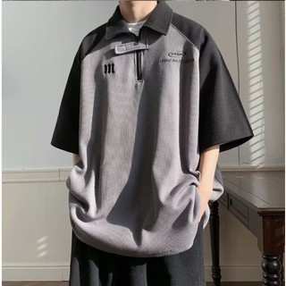 Áo Thun polo Dáng Rộng Tay Lửng Có Khóa Kéo Phối Màu Khối Phong Cách hong kong Cho Nam slc172