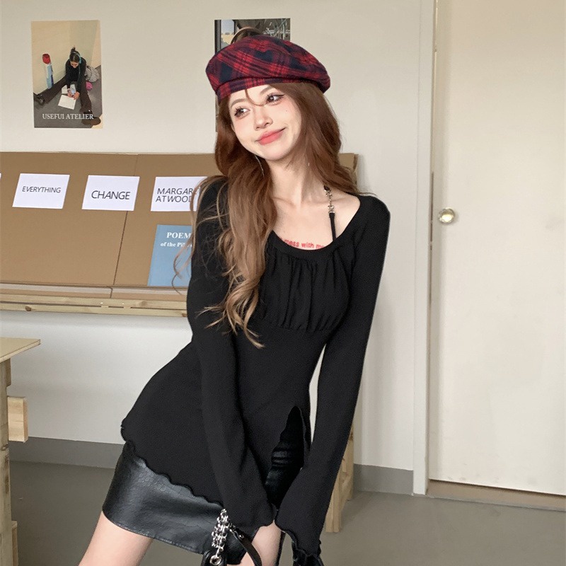 Áo Sơ Mi Tay Dài Dáng Ôm Xẻ Tà Quyến Rũ Thời Trang Cho Nữ