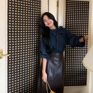 Áo sơ mi denim cổ đứng dáng rộng phong cách retro mùa thu 2023 83231