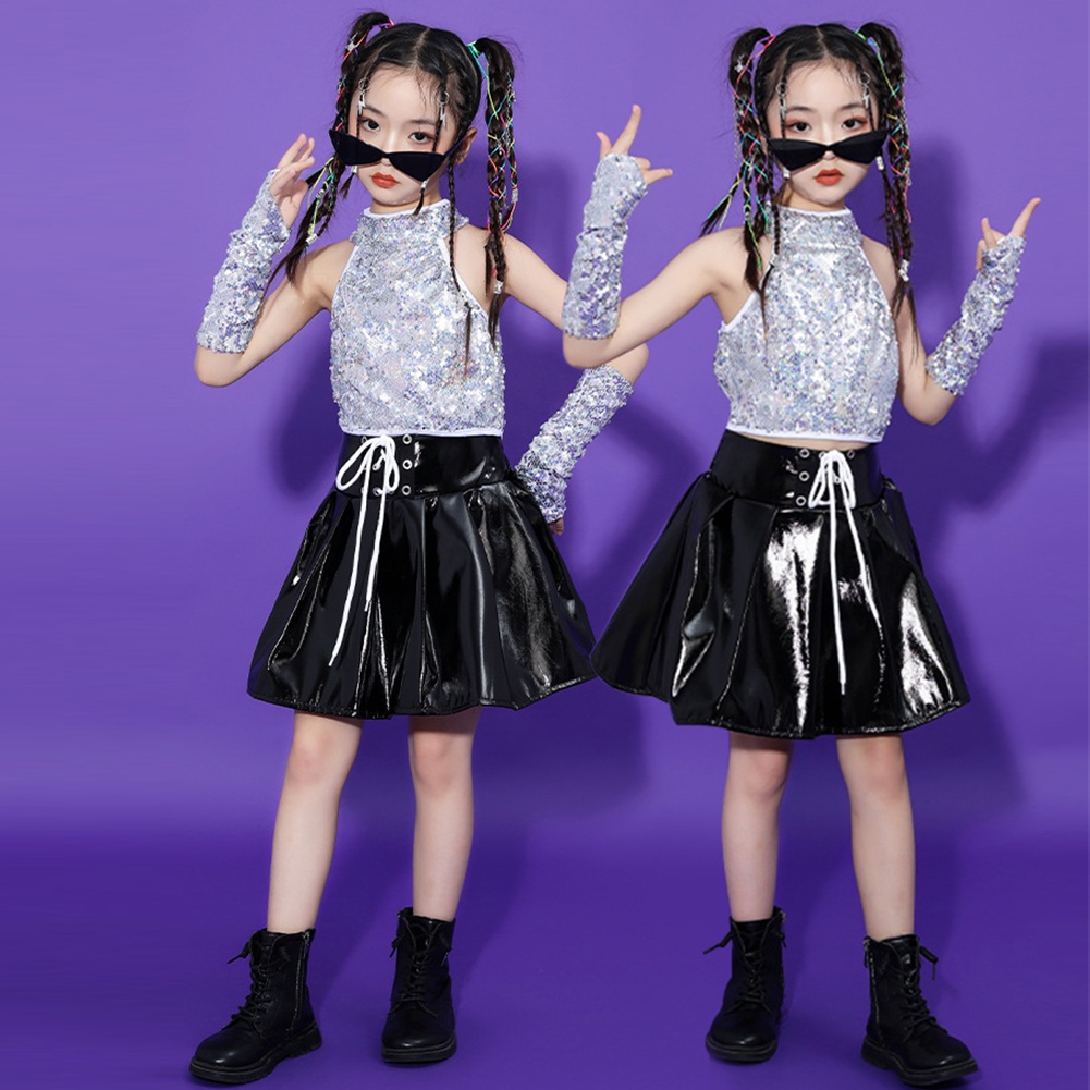Trẻ em cô gái sequin trang phục phù hợp với vest không tay trên cùng với cuff váy da đen long lanh trang phục trẻ em hiphop jazz quần áo khiêu vũ đường phố hiện đại