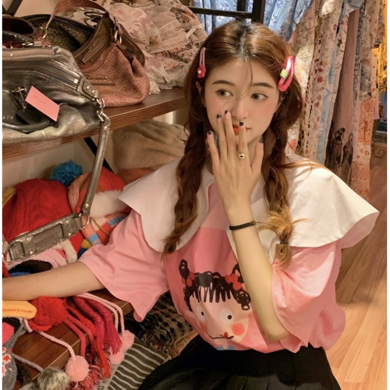 Áo Thun Tay Ngắn Dáng Rộng Cổ Búp Bê Màu Tương Phản Dễ Thương Phong Cách Hàn Quốc Cho Nữ