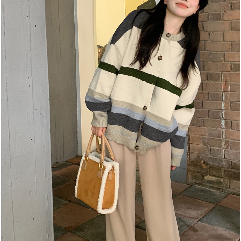Áo len cardigan MUSHIQI dệt kim sọc màu tương phản phong cách Hồng Kông mới cho nữ