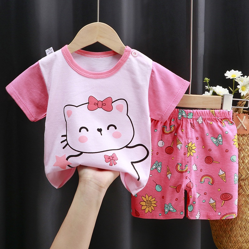 Bộ Áo Thun cotton Ngắn Tay + Quần short In Họa Tiết Hoạt Hình Phong Cách Hàn Quốc Thời Trang Cho Bé 60-130cm