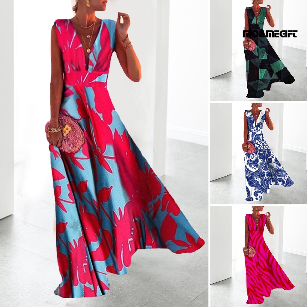 Deep v-neck high-eos large hem female dress retro floral pattern không tay holiday long dress quần áo nữ