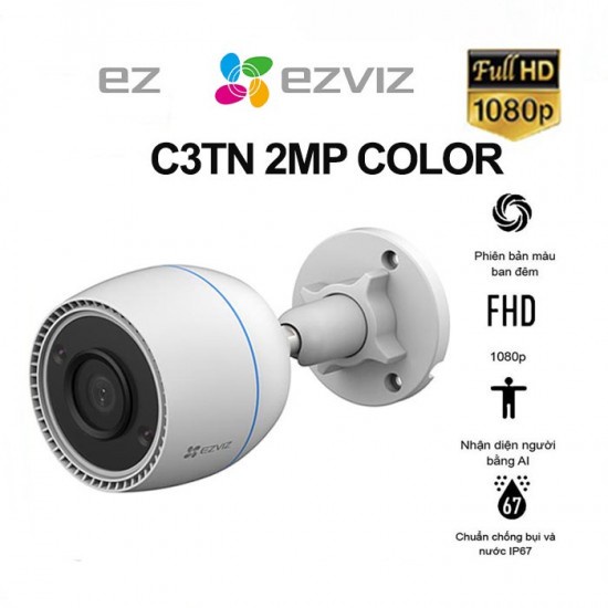 Camera WI-FI EZVIZ C3TN 2MP, Ngoài Trời, Có Màu Ban Đêm, tích hợp mic, phát hiện chuyển động -Cam Kết Hàng Chính Hãng