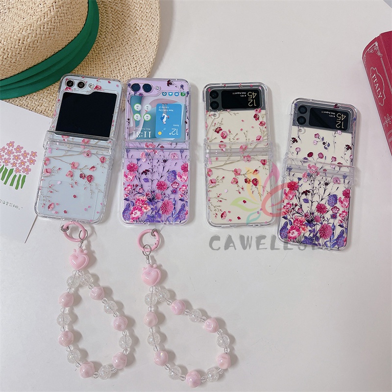 Dễ thương màu tím hoa đào hoa tình yêu vòng đeo tay pc cứng vỏ điện thoại trong suốt cho samsung galaxy z flip 5 z flip 4 z flip 3 full bản lề chống va đập mặt sau
