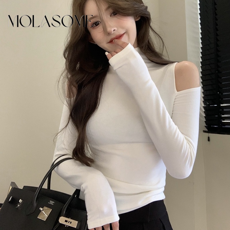 Molasome women 2023 thời trang mới áo dài tay màu rắn cổ rùa áo thun mỏng vừa vặn