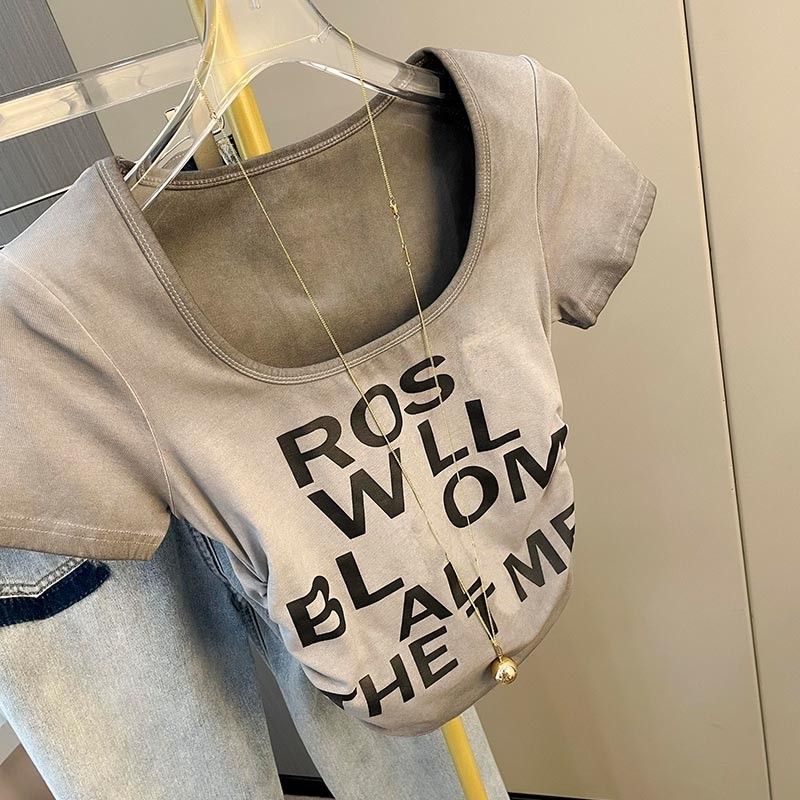 Áo Thun Ngắn Tay Cổ Vuông In Chữ Phong Cách retro Thời Trang Mùa Hè Dành Cho Nữ