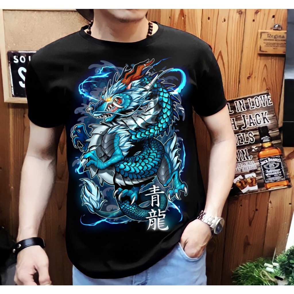 Summer new / men's cool screen printing t-shirt / kanji blue dragon t-shirt