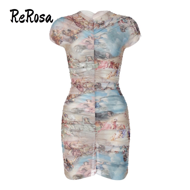 Rerosa women mini dress màu sắc tương phản in 2023 thời trang dạo phố phong cách mới slim fit tay ngắn cổ tròn