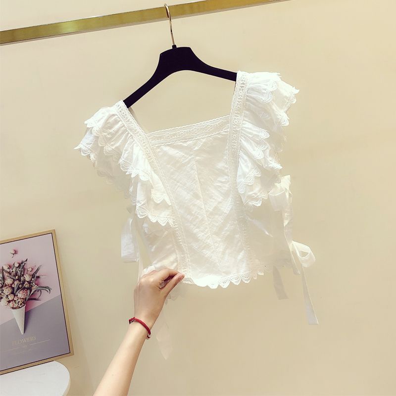 Áo sơ mi nữ nơ ren-up xù cổ vuông ngắn mùa hè chắp vá hàng đầu