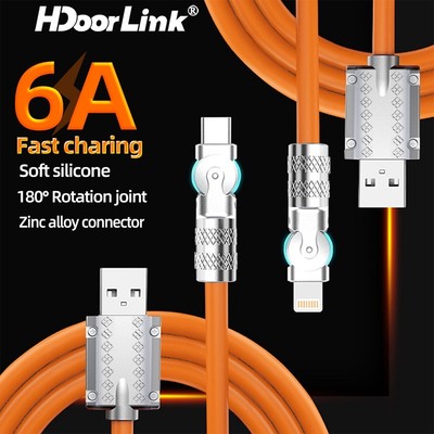 180 hp° Cáp sạc siêu nhanh xoay HdoorLink 120w 6a type-c / ios dây dữ liệu sạc nhanh silicon lỏng