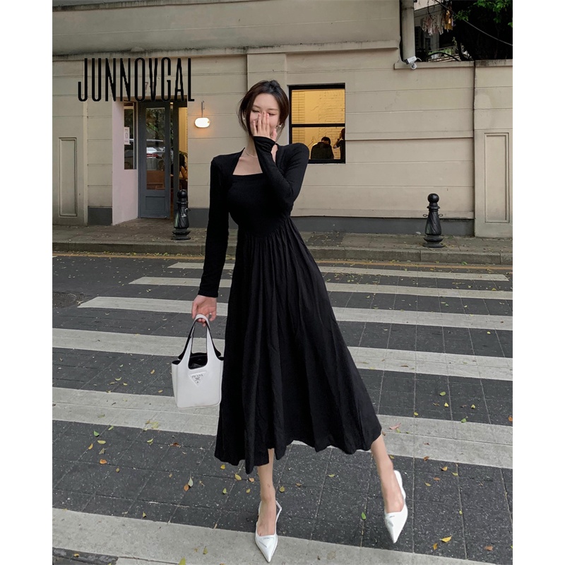 Đầm nữ JUNNOVGAL tay dài eo thon co giãn thời trang mới cao cấp 2023