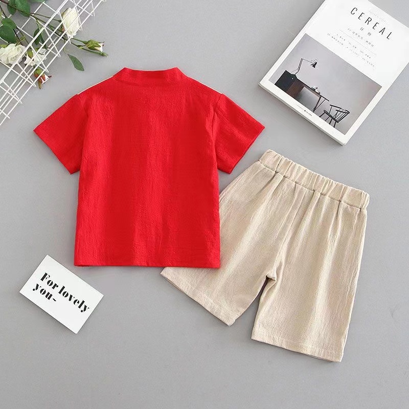Cny baby phong cách trung quốc tangsuit set năm mới bé trai bé gái thoáng khí hanfu trẻ em thường ngắn tay tangsuit