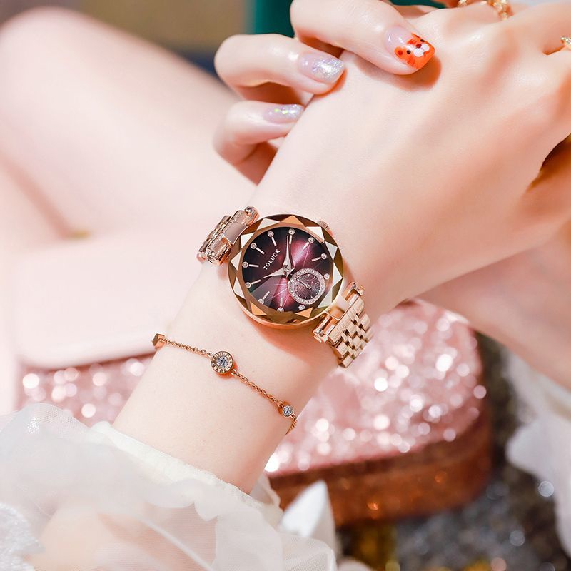 Yp. Đồng Hồ Nữ Dây Thép Đính Kim Cương Nhân Tạo Chống Nước Thời Trang