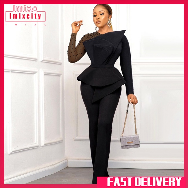 Imixcity 1 98% polyester 2% vải thun lưới bảng điều khiển đính cườm Áo liền quần eo hẹp đầm dự tiệc