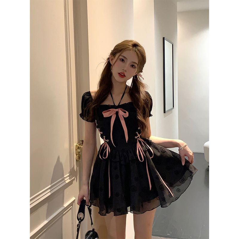 Đầm Ngắn Hở Vai Màu Đen Quyến Rũ Thời Trang Hè 2023 Phong Cách Pháp Cổ Điển Cho Nữ