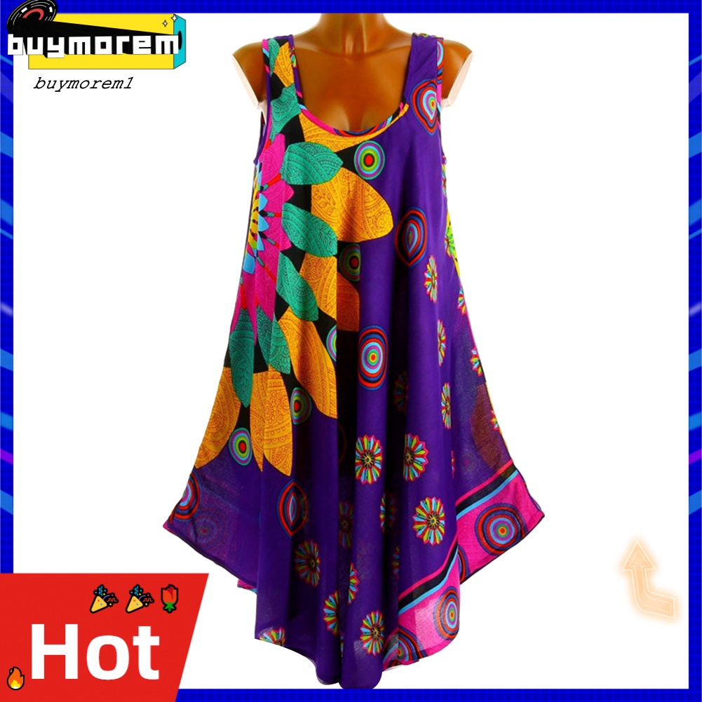 Buym thường ngày mùa hè phụ nữ cổ tròn không tay in hoa hướng dương váy rời không thường xuyên