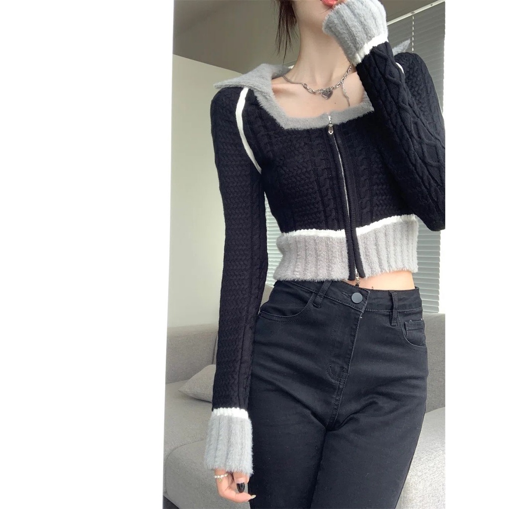 Áo len ngắn cardigan nữ mùa đông phong cách mới ins niche design sense phong cách hàn quốc dây kéo slim-fit black knit top