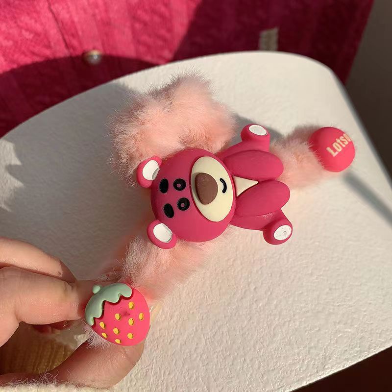 Dây Cột Tóc Lông Xù Hình Gấu / Dâu Tây Màu Hồng Dễ Thương Thời Trang Thu Đông