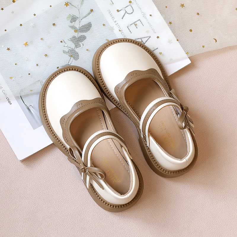 Simple bowknot leather flat shoes for baby girls elegant ruffle thoải mái soft sole anti-slippery kids shoes 2-16 tuổi