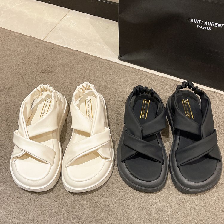 Giày Sandal Hở Ngón Mũi Tròn Đế Dày Quai Chéo Màu Trơn Phong Cách Mới Mùa Hè Cho Nữ