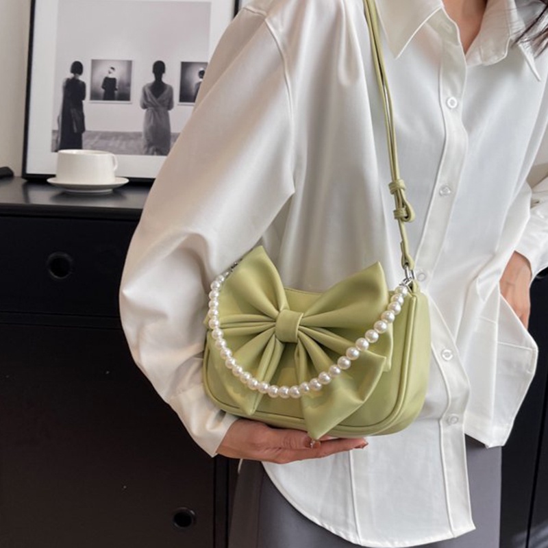 Túi đeo vai IELGY trang trí nơ và chuỗi hạt ngọc trai nhân tạo nhỏ gọn thời trang dành cho nữ