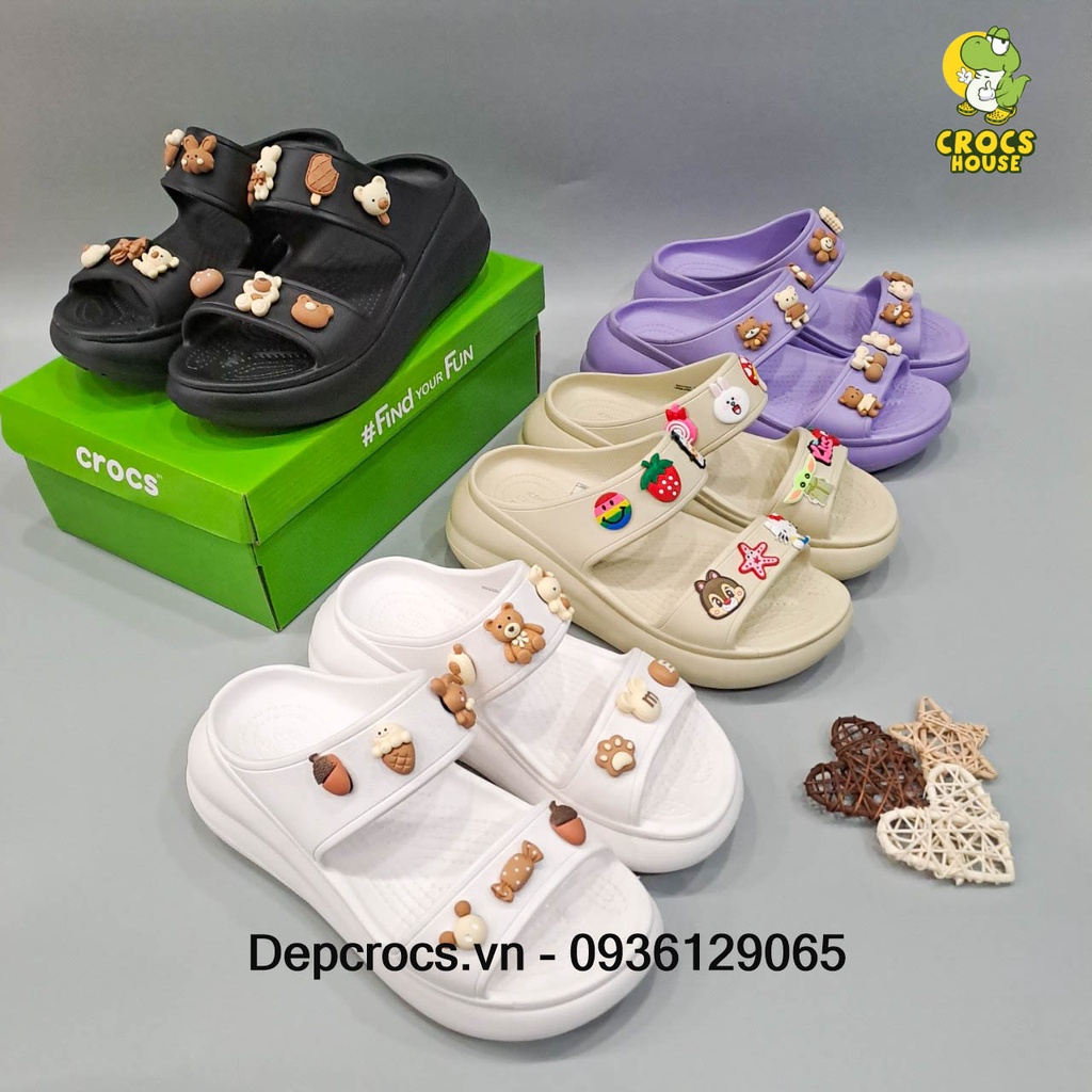 Dép xuồng crush đế cao 6 phân nữ, hai quai ngang tặng full sticker 3D - Nhà Cá Sấu Đà Nẵng