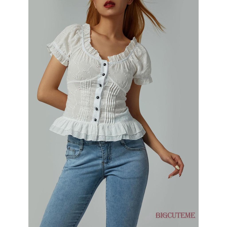 [] Áo Thun Ngắn Tay Cổ Chữ U Thắt Nơ Sau Lưng Phong Cách Ngọt Ngào Cho Nữ