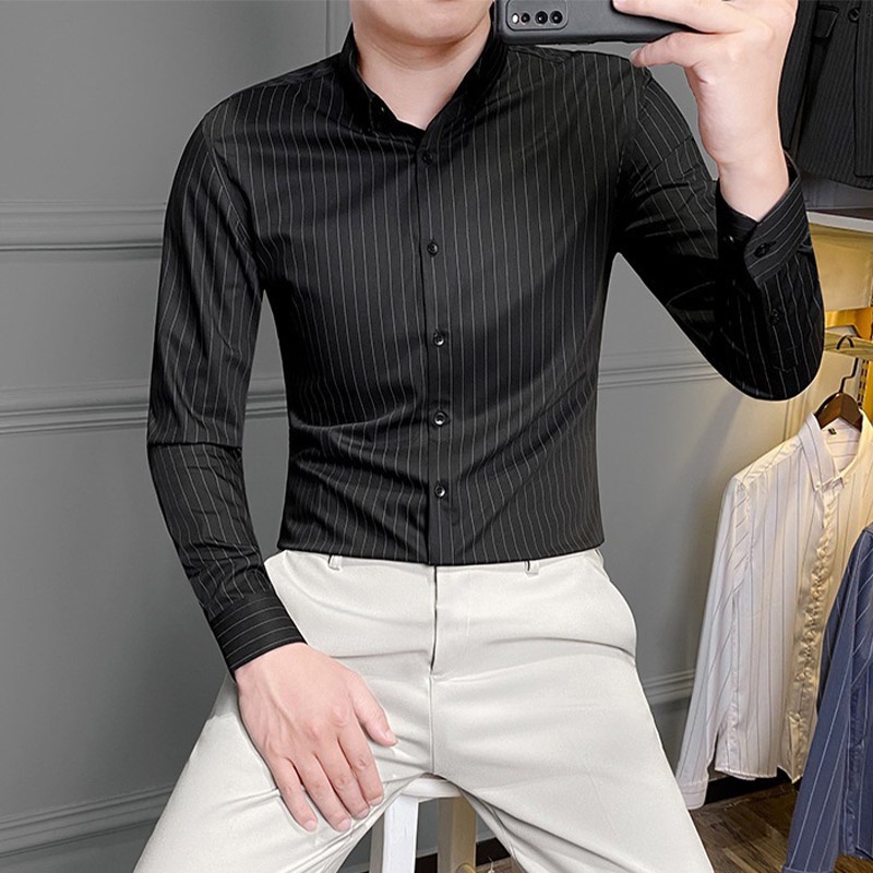 DICHUANGZHE Áo Sơ Mi Nam Dài Tay Dáng Ôm Họa Tiết Kẻ Sọc Phong Cách Hàn Quốc Mới
