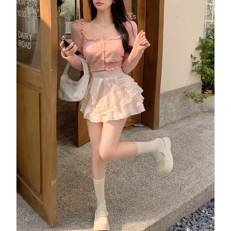 New Sweet square collar shoulder T-shirt cute skirt two-piece short thin long sleeve top flounced skirt set