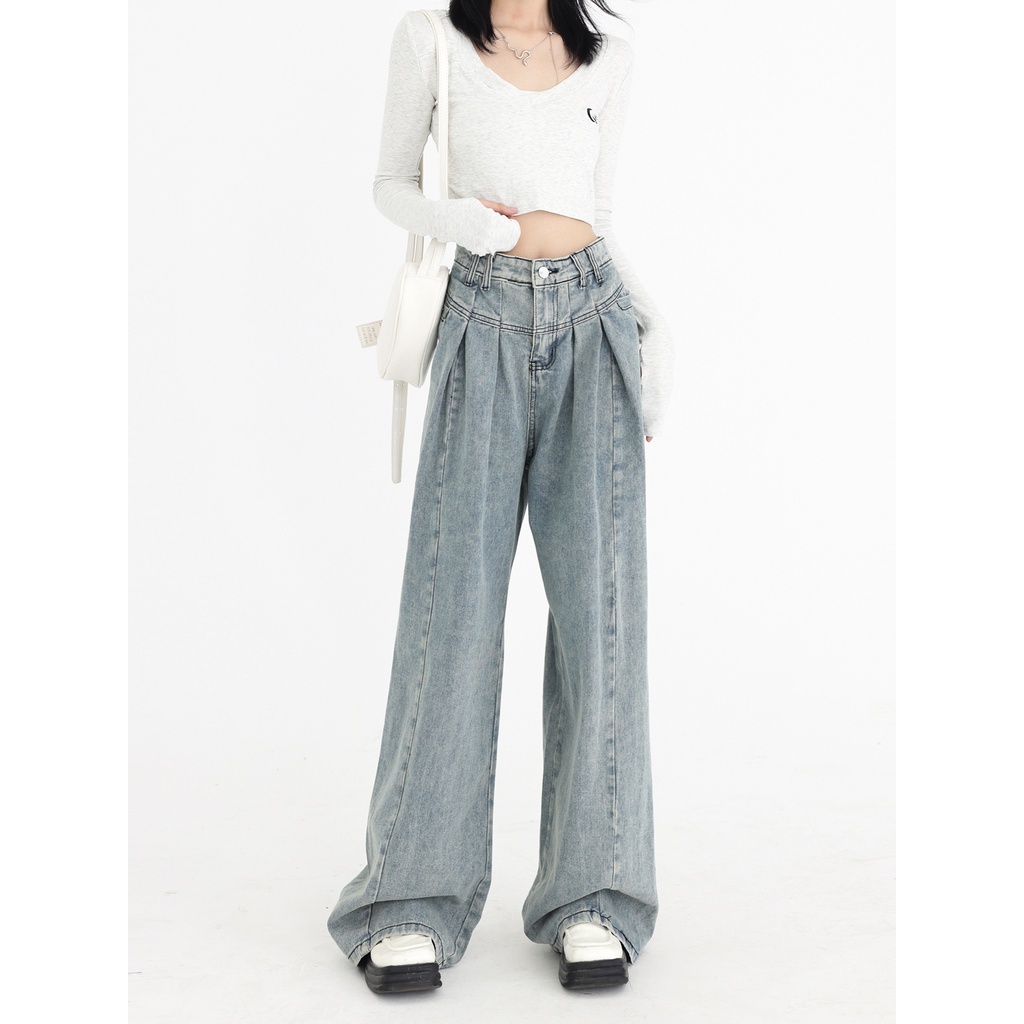 SUXI Quần Jean Ống Rộng Lưng Cao Tôn Dáng Phong Cách Vintage Hợp Thời Trang
