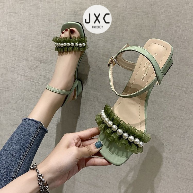 JINxCHOY Giày Quai Ngang Hở Ngón Đính Ngọc Trai Thời Trang Cho Nữ