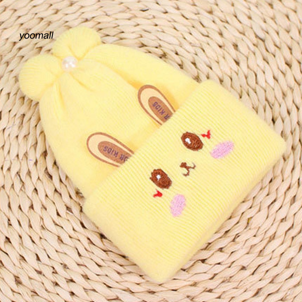 Mũ Beanie Dệt Kim Dày Dặn Đính Ngọc Trai Giả Thêu Hình Tai Thỏ Dễ Thương Thời Trang Thu Đông Cho Bé 0-6 Tháng Tuổi