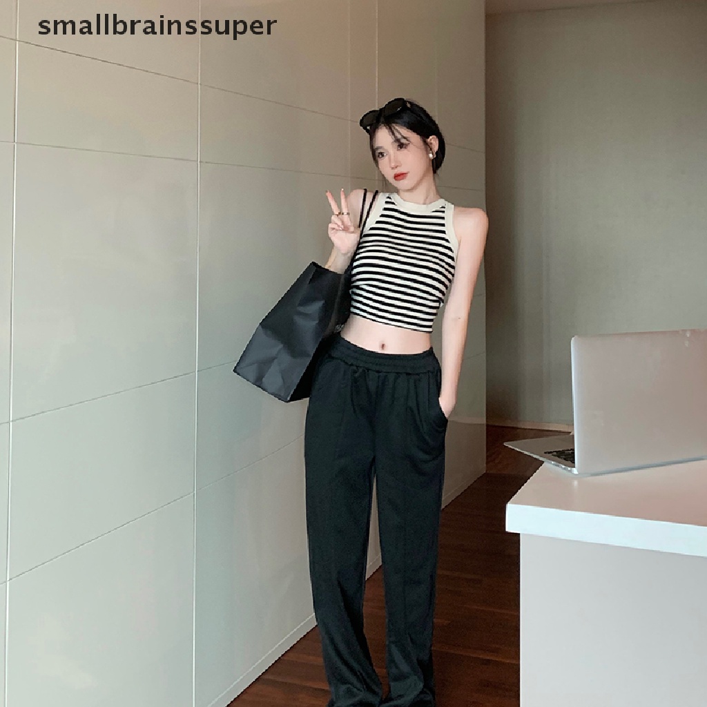 Áo Croptop Dệt Kim Không Tay Cổ Tròn Họa Tiết Kẻ Sọc Thời Trang Mùa Hè Cho Nữ SBS