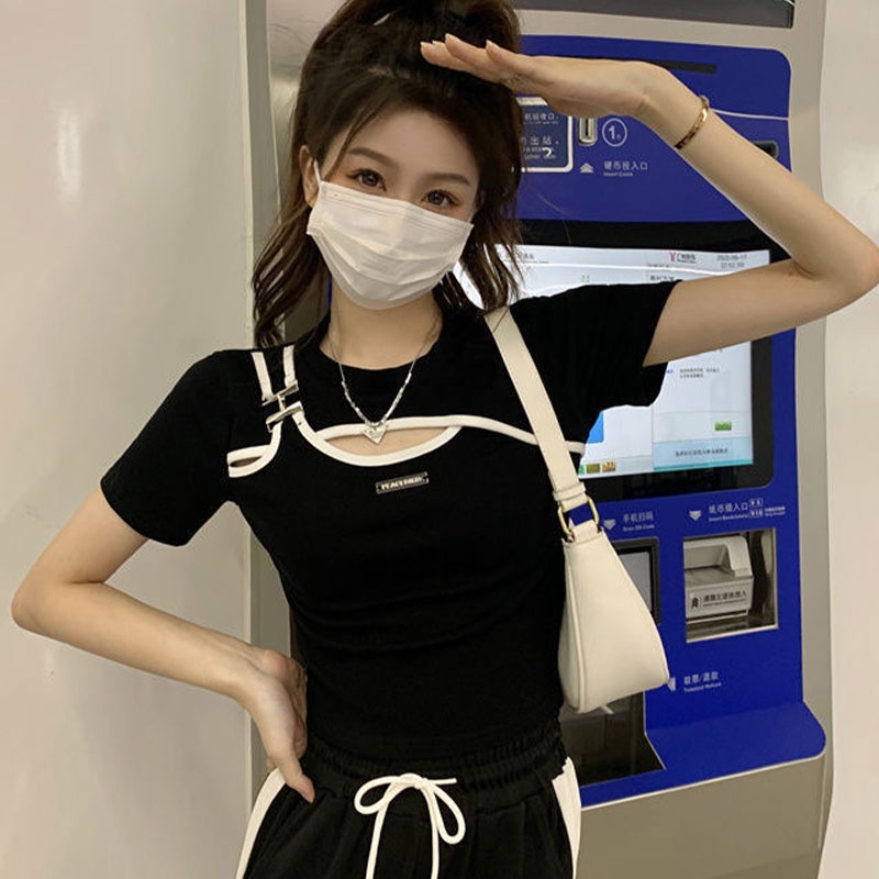 Áo Thun Tay Ngắn Cổ Tròn Dáng Ôm Thiết Kế Khoét Lỗ Đơn Giản Thời Trang Mới