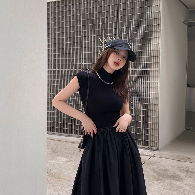 COZOK Đầm Ngắn Tay Cổ Cao Thời Trang Vintage Xinh Xắn