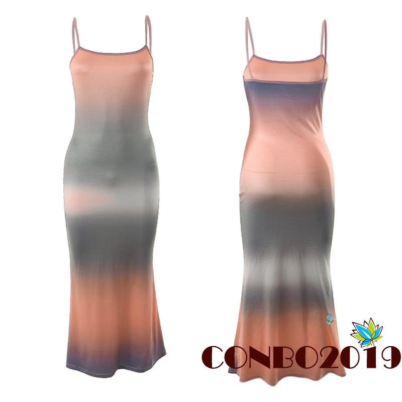 Đầm Hai Dây Cổ Thuyền Eo Cao Họa Tiết Màu Nhuộm Thời Trang Mùa Hè Cho Nữ