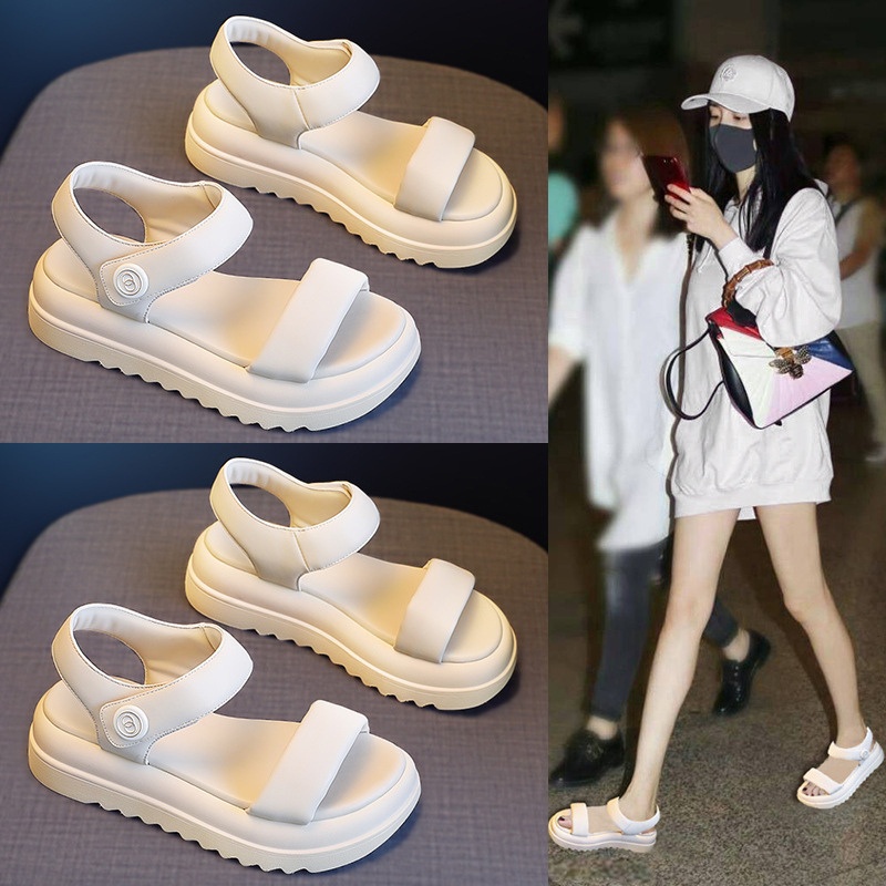 𝐂𝐚𝐦 𝐒𝐡𝐨𝐩-sandal 2 quai ngang dép xăng đan nữ OO đế cao da mềm