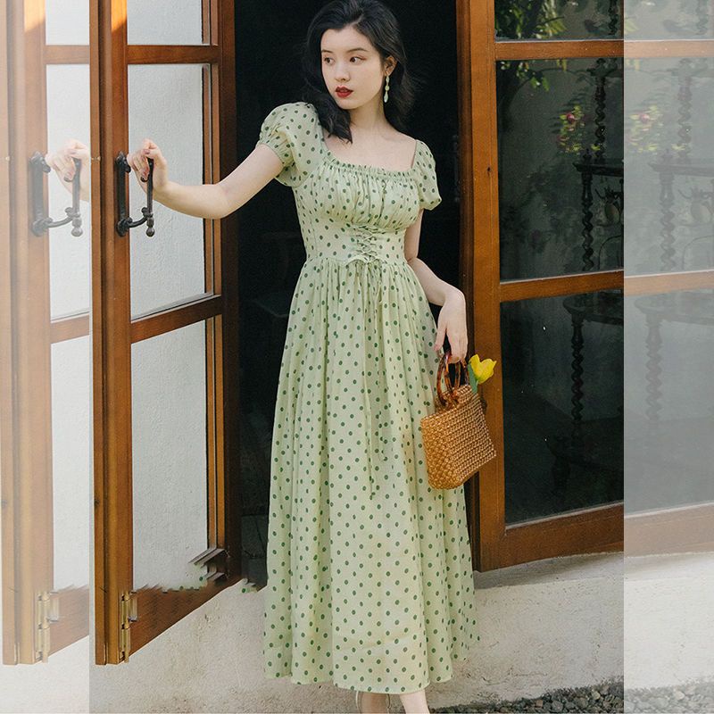 Đầm Cổ Vuông Họa Tiết Chấm Bi Màu Xanh Lá Phong Cách Retro Pháp Thời Trang Mùa Hè Hàng Mới 2023