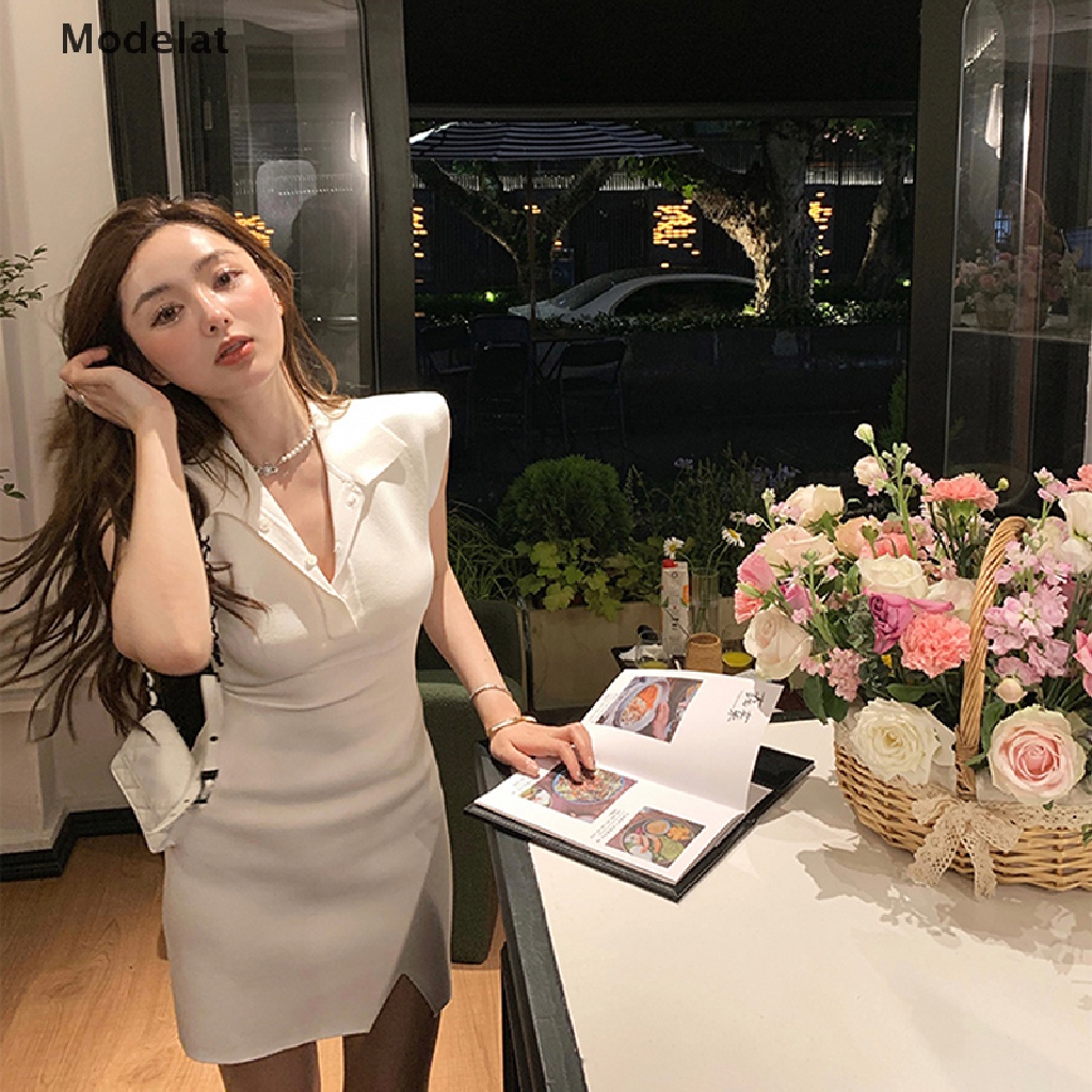 Đầm Dệt Kim Mini Sát Nách Cổ Chữ V Màu Trơn Thanh Lịch Thời Trang Mùa Hè