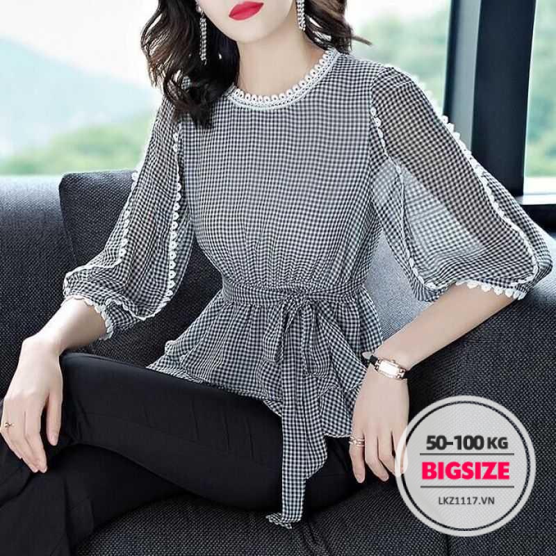 Áo sơ mi nữ trung niên voan caro tay lỡ cổ tròn Bigsize Áo trung niên nữ sang trọng form rộng mùa hè cho mẹ cho bà Thời trang Trung Niên Cao Cấp