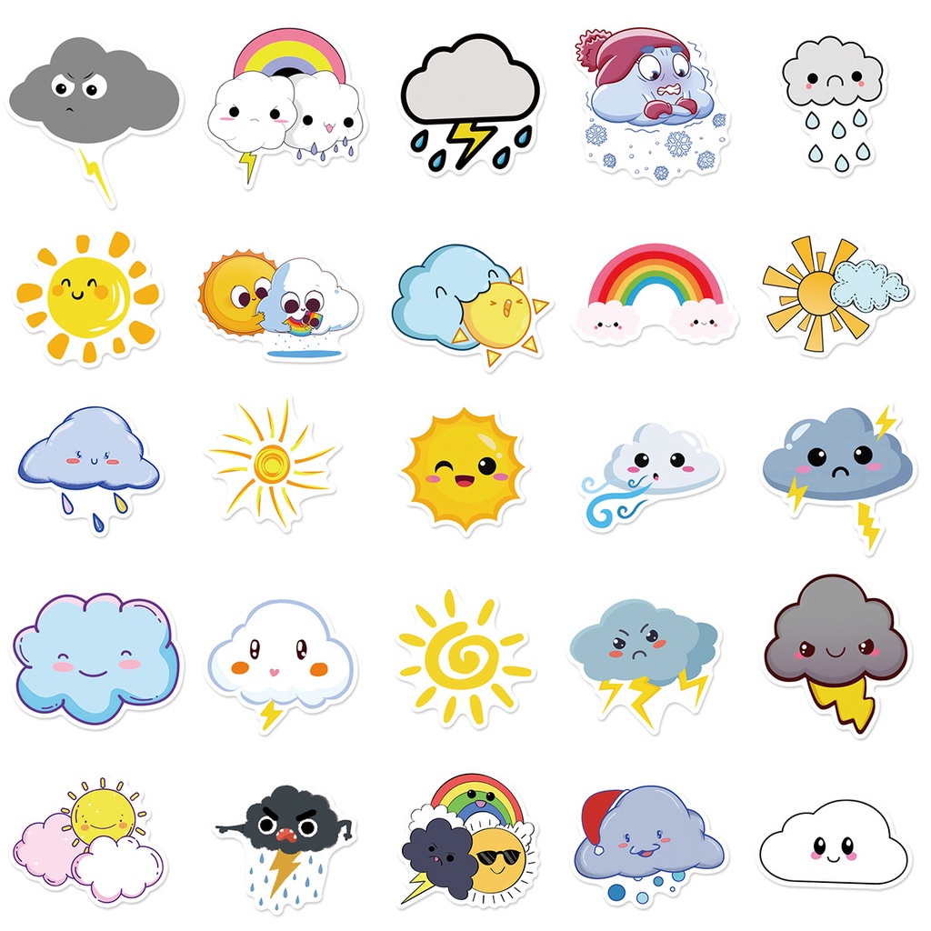 Bộ 100 Cái ❉ Sticker Dán Trang Trí Hình Biểu Tượng Cảm Xúc Thời Tiết Vui Nhộn ❉ Sticker Dán Tường Chống Thấm Nước Họa Tiết Doodle Hợp Thời Trang
