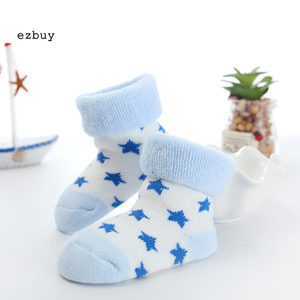 Set 5 Đôi Tất Dày Giữ Ấm Mùa Đông Chống Trượt In Họa Tiết Chấm Bi / Ngôi Sao Cho Bé