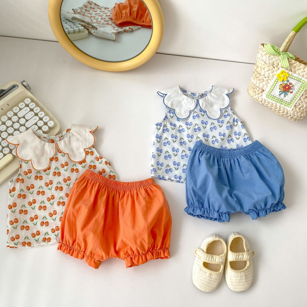 Bộ Đồ Áo Liền Thân Không Tay Cổ Cánh Hoa Tulip Và Quần Short In Hình Hoa Tulip Thời Trang Mùa Hè 2023 Dành Cho Bé