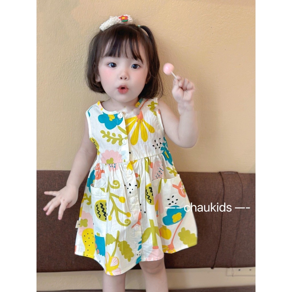 Váy sát nách vải lanh cực yêu cho bé gái mùa hè siêu cute