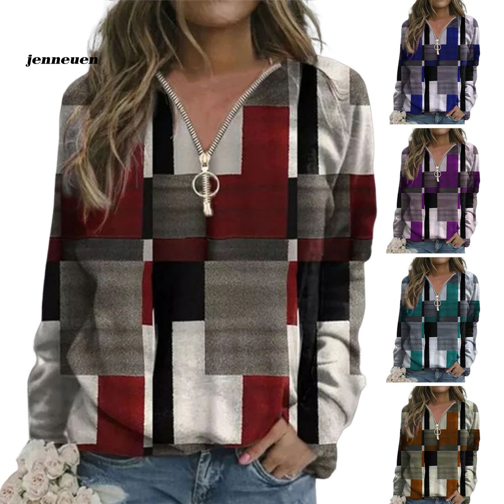 Áo Nỉ Dài Tay Cổ Chữ V Form Rộng Phối Họa Tiết Ca Rô Thời Trang Đường Phố