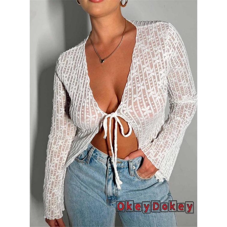 Áo Crop Top Tay Dài Cổ Chữ V Vải Sheer Buộc Dây In Họa Tiết Hoa Thời Trang Mùa Hè Cho Bạn Gái Y2K