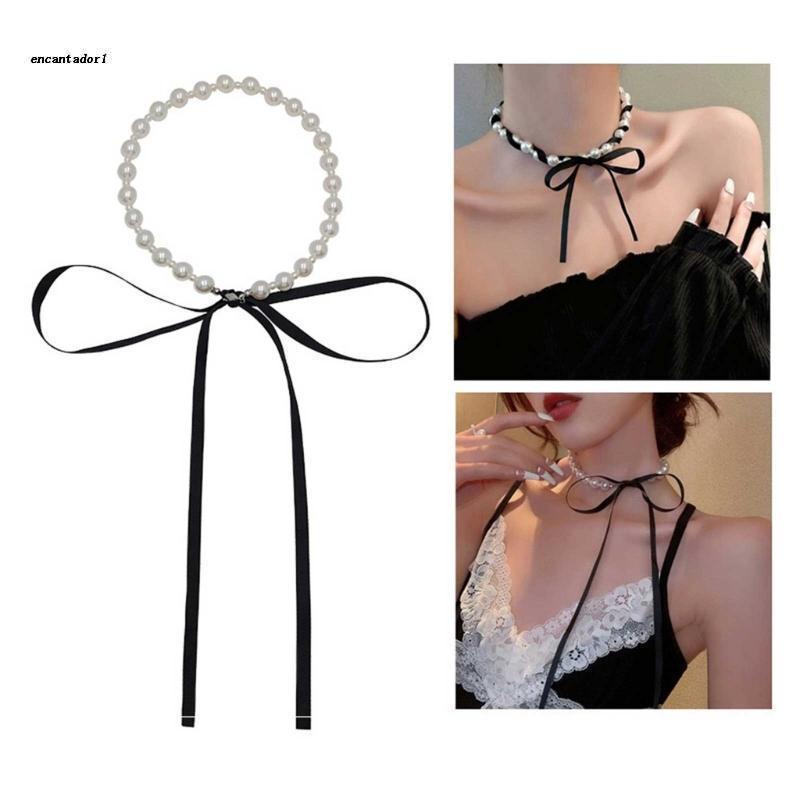 ✿ Vòng Cổ Choker Thắt Nơ Đính Ngọc Trai Có Thể Điều Chỉnh Kích Thước Dành Cho Nữ