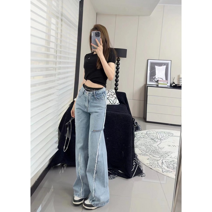 AJFE Alexander Wang spring and summer new fashionable fashionable rubber band letter rhinestone design jeans